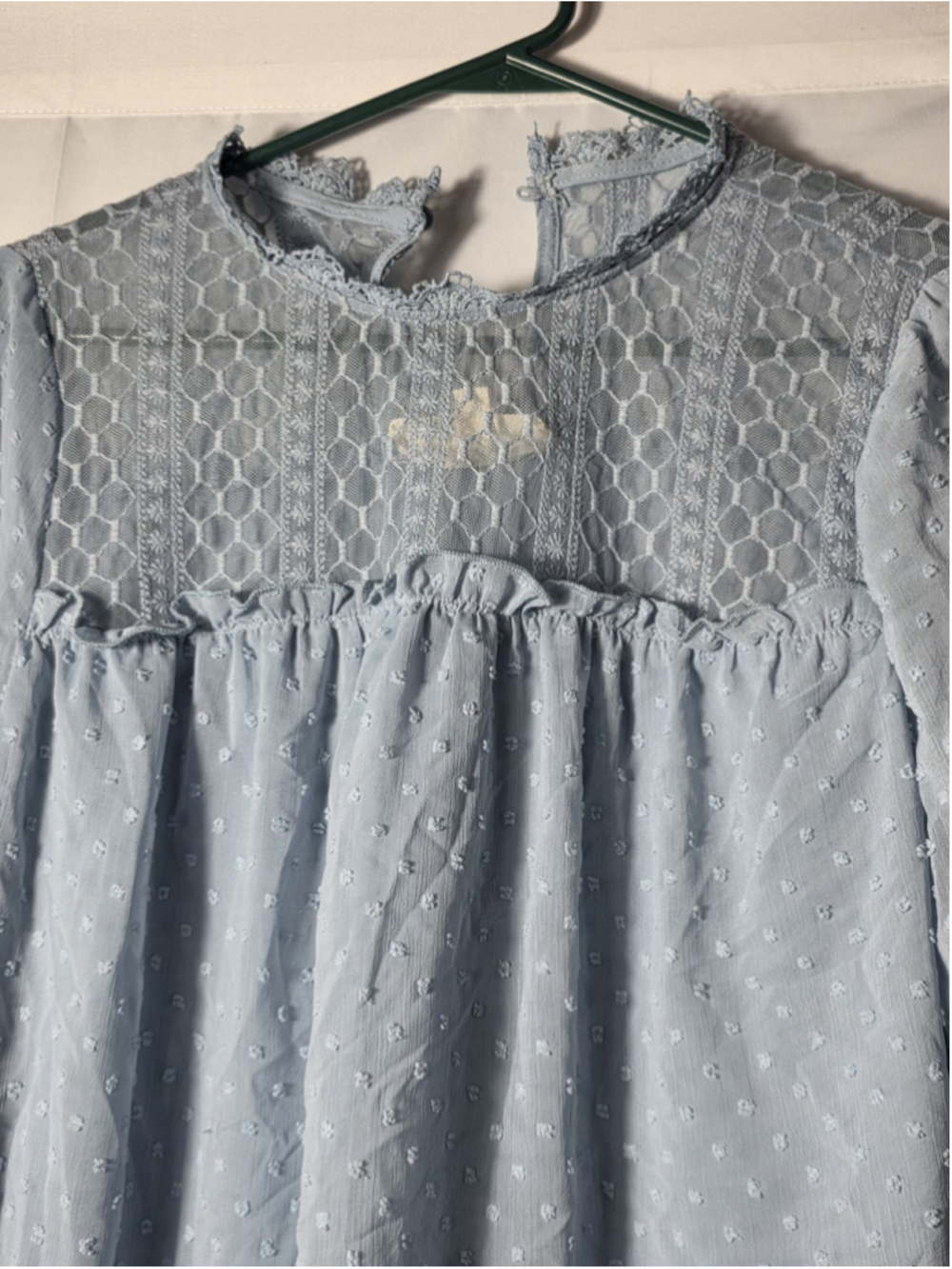 SWEET WANDERER Women's Periwinkle Blue L Dot Lace Ruffle Blouse Cottagecore - Picture 4 of 7